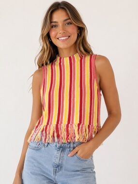 Fate by LFD BNWT Knit Striped Mock Neck Fringed Sweater Top Pink/Yellow/White